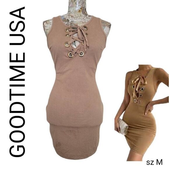 Goodtime USA Tan Neutral Soft Microfiber Stretch Sexy Body Hugging Short Dress - Picture 3 of 11